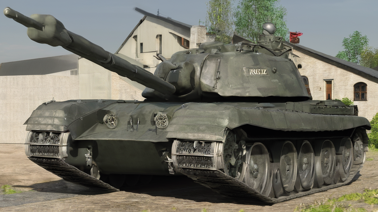 Ciężki czołg IS-7 z widocznym potężnym pancerzem przednim i masywną wieżą