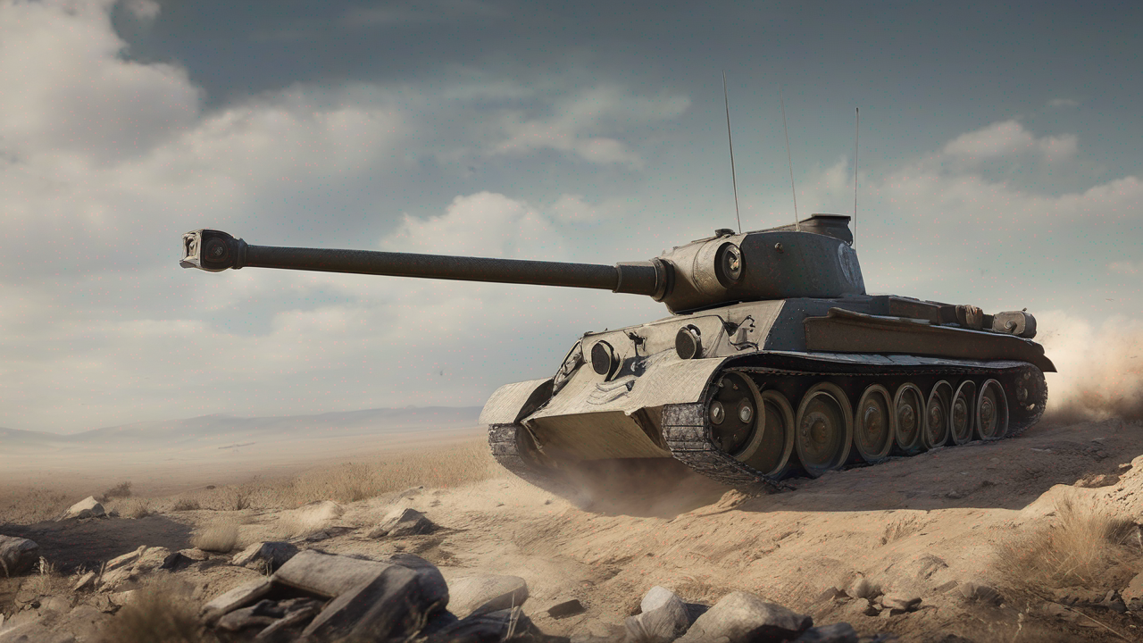 Panorama pola bitwy z World of Tanks z czołgami w akcji na tle zachodzącego słońca
