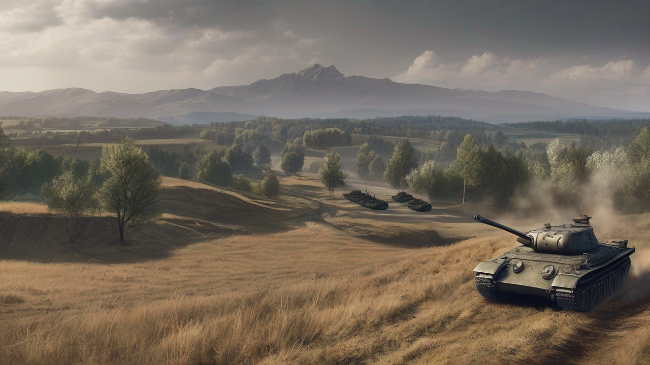 Panoramiczny widok mapy z gry World of Tanks z czołgami rozmieszczonymi strategicznie na różnorodnym terenie